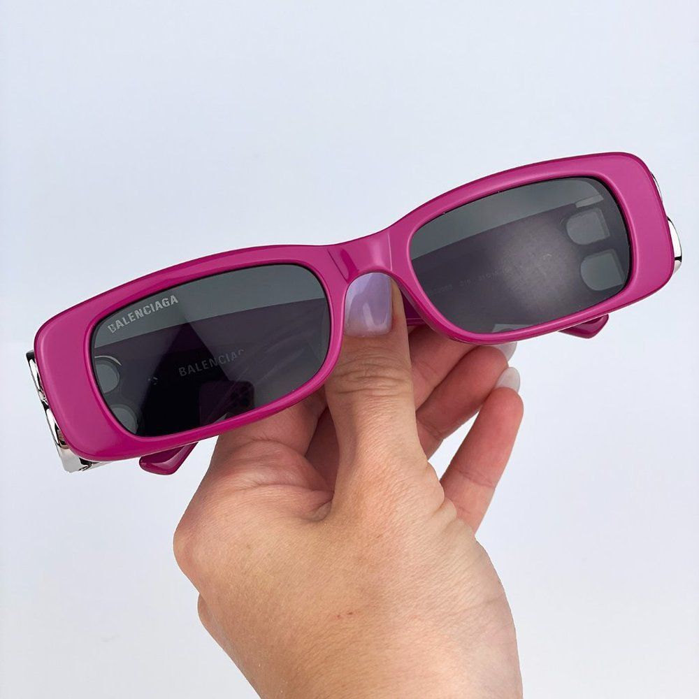 Balenciaga BB0096S 016 Sunglasses Fuchsia Purple Silver Logo Rectangle Unisex - Picture 8 of 15